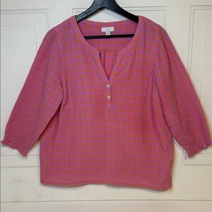 J. Jill Women's Size S P Pink Orange Purple Plaid Check Cotton Gauze Tunic Top